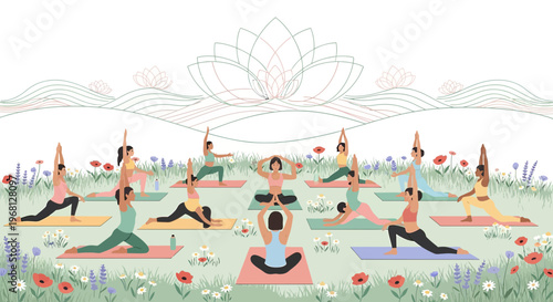 Diverse Group Yoga Practice in Floral Meadow