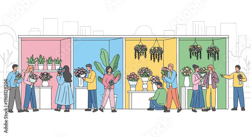 Diverse People Buying Flowers in Colorful Modern Florist Shop