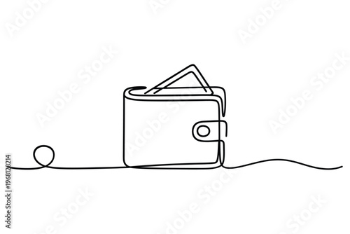 Minimalist line drawing depicts a closed wallet with cards visible