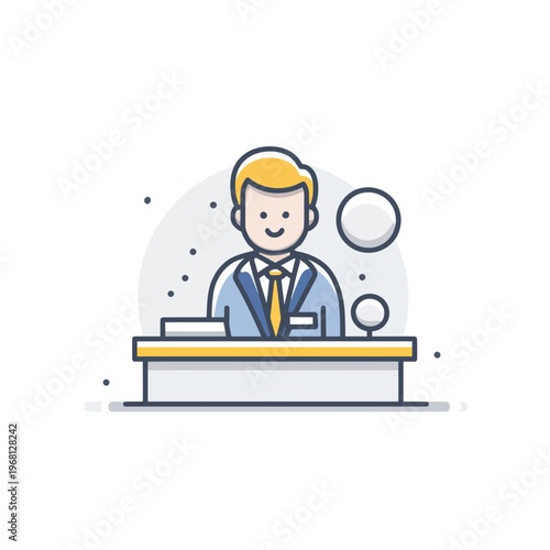 Smiling Bank Teller Icon at Service Desk