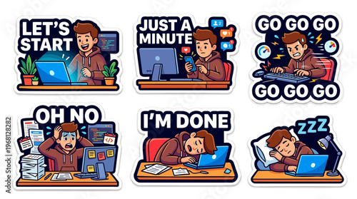 Student life cartoon sticker set flat vector featuring study motivation procrastination distraction on phone deadline panic rushing with computer exhausted burnout and sleeping on laptop desk