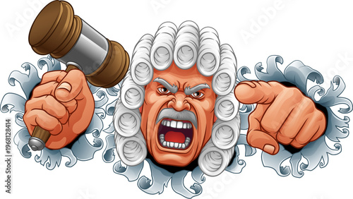 An angry judge cartoon character holding a wooden hammer gavel