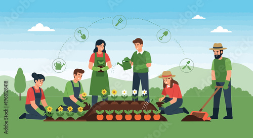 Diverse people gardening together, planting flowers and vegetables in a community garden