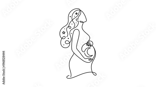 Woman With Moon in Belly and Stars in Hair, Cosmic Mother Concept, Continuous Line Art