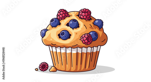 A vibrant cartoon depiction of a golden muffin brimming with plump blueberries and juicy raspberries a charming sweet baked good illustration
