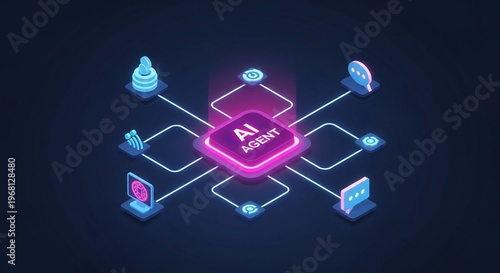 AI agentic workflow automation artificial, isometric 3D illustration of a central neon pink 