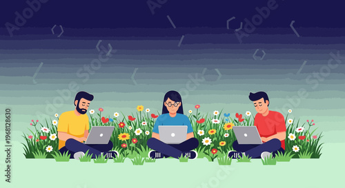 Diverse programmers coding in nature, surrounded by flowers and digital symbols.
