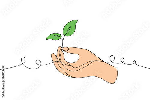 A delicate hand gently cradles a vibrant green seedling symbolizing growth