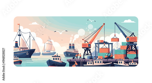 Large Cargo Ships and Harbor Cranes.