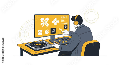 DJ Creating Music Remix on Computer with Turntable and Headphones