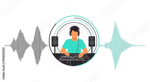 DJ Mixing Music with Sound Waves and Speakers, Audio Concept