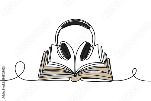 An open book with headphones resting on its pages line art style