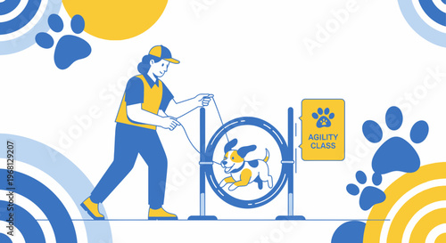 Dog Agility Training Class with Handler and Obstacles