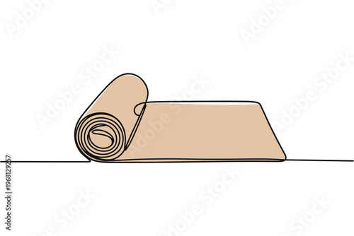 A single line drawing depicts a rolled up beige carpet or rug