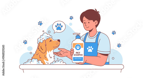 Dog bathing with pet shampoo by groomer, clean pet care, illustration