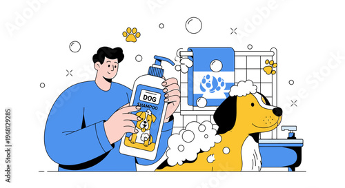 Dog Grooming: Man Washing Dog in Bathtub with Shampoo Bottle