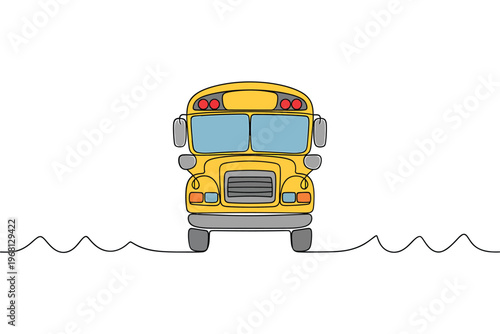 A single line drawing depicts a classic yellow school bus facing forward