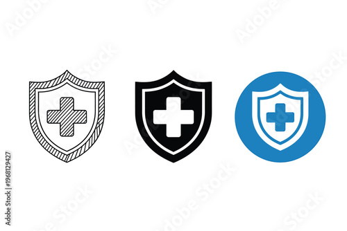 Three variations of a medical shield icon with a centered cross symbol