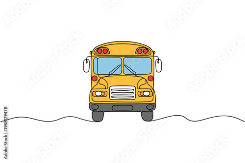 A continuous line drawing depicts a bright yellow school bus front view