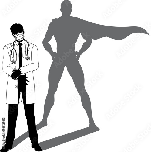 A superhero medical doctor man health care worker revealed by his shadow silhouette as a super hero in a cape.