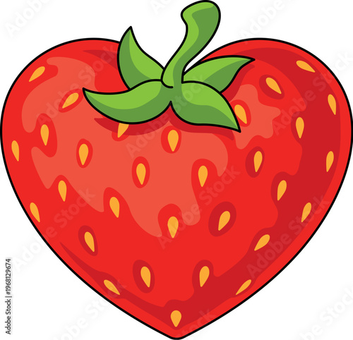 Love of strawberry concept illustration. Heart shaped strawberry fruit. Romantic red fruit image for Valentine themes, healthy food, vegan diet, dessert blogs, summer menus, food branding.