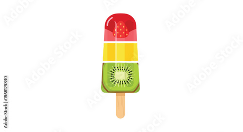 Vibrant three-layered fruit popsicle illustration featuring strawberry, sunny yellow, and fresh kiwi flavors on a stick. A cool and refreshing