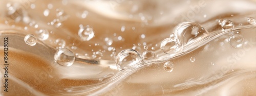 Transparent gel texture with soft highlights and smooth flowing lines on beige background. Minimal skincare concept emphasizing purity and hydration.  banner