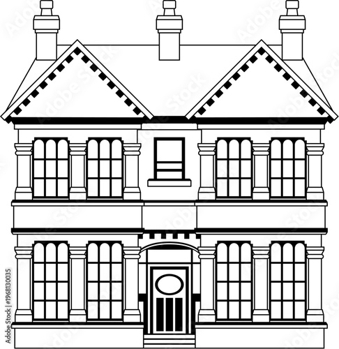 Victorian outline old English house building. Georgian mansion manor style homes. Vintage British architecture facade illustration.