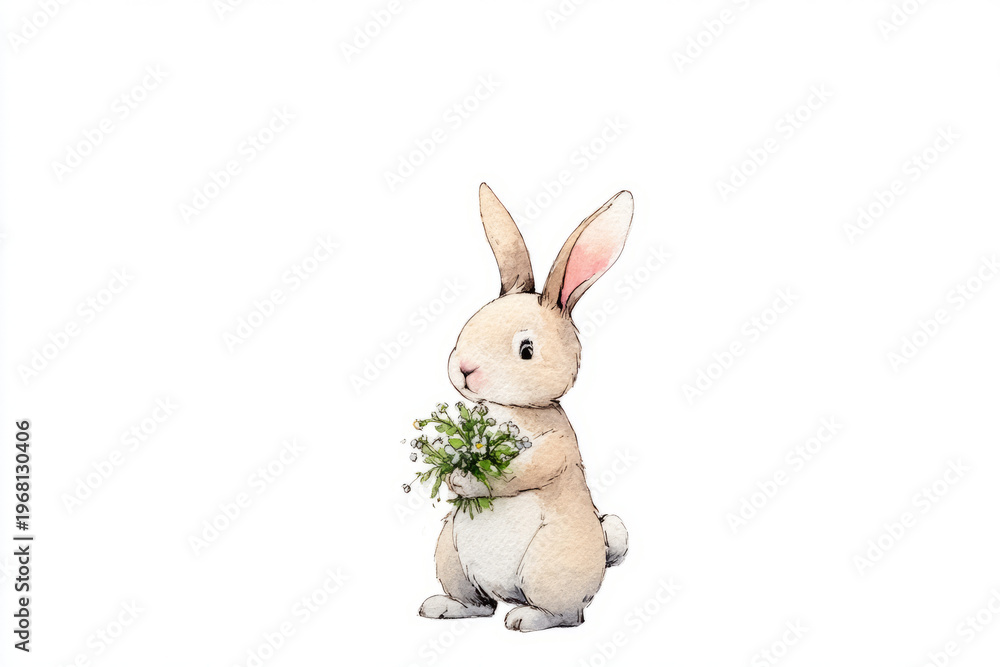 Obraz premium Cute baby bunny standing upright, holding a bouquet of small wildflowers