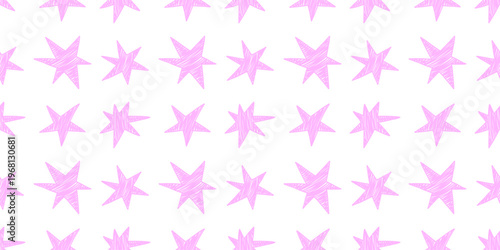 Vector seamless pattern with pink doodle stars on white background. Hand drawn style, playful and delicate design. Ideal for kids projects, wallpaper, wrapping paper, textile print. Flat illustration.
