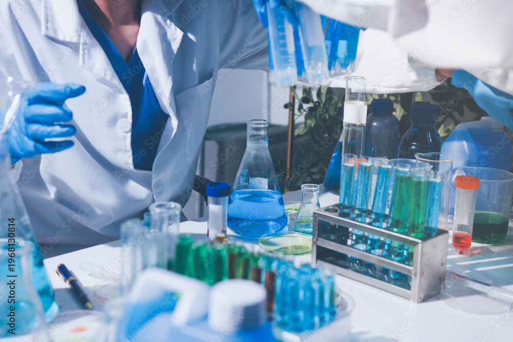 Fototapeta premium Science, laboratory and woman with pipette, test tube and biotech solution in research. Medical innovation, scientist or lab technician in study for healthcare, medicine and vaccine results feedback.