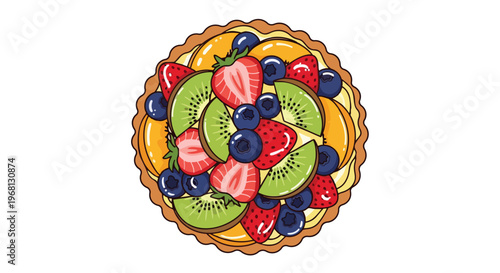 A delightful cartoon fruit tart illustration displaying fresh strawberries, green kiwi slices, and plump blueberries arranged on a golden crust