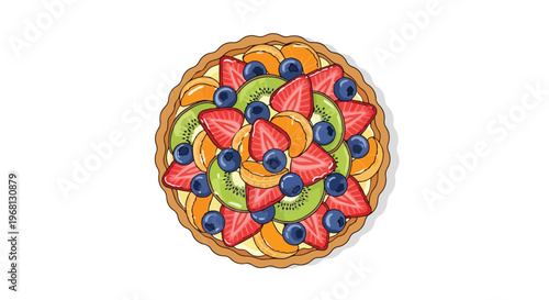 Vibrant fruit tart illustration with an assortment of fresh strawberries kiwi slices blueberries and oranges on a crisp pastry shell dessert design