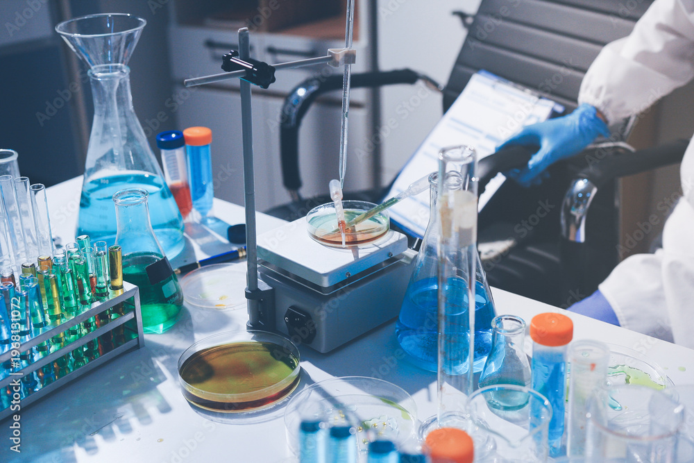 Fototapeta premium Science, laboratory and woman with pipette, test tube and biotech solution in research. Medical innovation, scientist or lab technician in study for healthcare, medicine and vaccine results feedback.