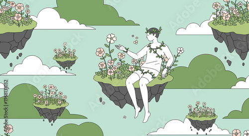 Dreamy Floating Islands with Man and Flowers, Whimsical Fantasy Landscape