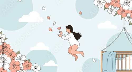 Dreamy Girl Floating Among Clouds and Cherry Blossoms