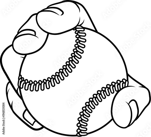 A mascot person hand or fist holding a baseball or softball ball