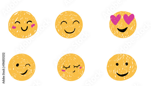 Smiling face crayon chalk emotion set. Happy angry avatar sketches. Childlike charcoal stickers, smile expression emoji face doodle.