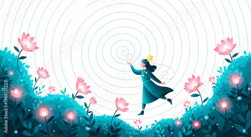 Dreamy Woman Reaching for Star in Magical Blooming Garden