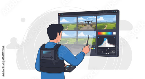 Drone Operator Editing Aerial Footage on Monitor