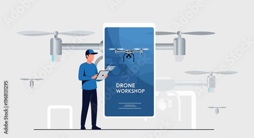 Drone Workshop: Man with Laptop and Smartphone Controlling Drones