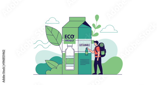 Eco-friendly packaging concept with a hiker and nature elements.