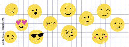 Smiling face crayon chalk emotions. Happy angry avatar set sketches. Childlike charcoal stickers, smile expression emoji face doodle.