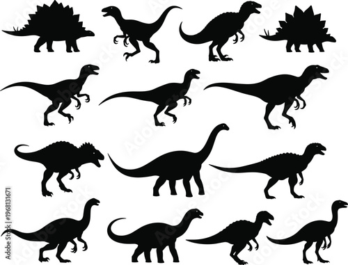 Collection of twelve dinosaur silhouettes showcasing diverse prehistoric species including theropods, sauropods, and stegosaurs in black vector art