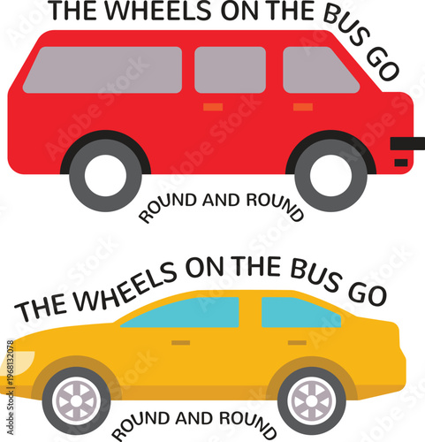 PrintCartoon red bus and yellow car illustration with playful lyrics text, children’s song theme artwork, fun educational design for kids, music and learning concept