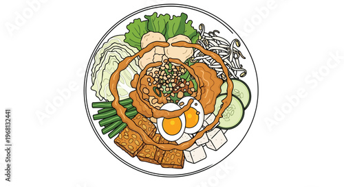 Colorful Gado-Gado illustration with fresh ingredients and a generous peanut sauce topping.
