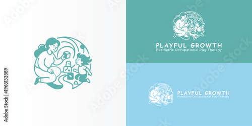 The teal logo for paediatric occupational play therapy features a woman and a child playing with blocks. Its organic lines evoke a sense of warmth, curiosity, and nurturing growth.
