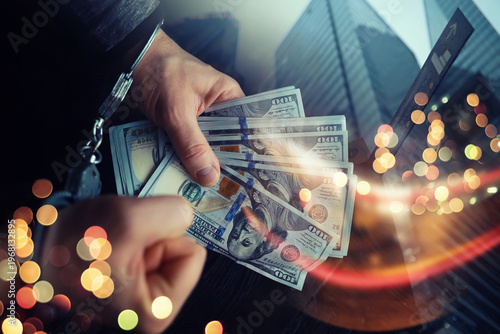  Double exposure city and hands of a man with handcuffs on a background of us dollars. Fraud, cyber crime concept. Arrest of an entrepreneur in the workplace.