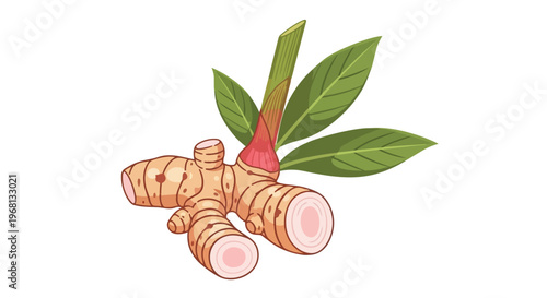 Fresh galangal rhizome with vivid green leaves and a tender pink stem captured in a clean botanical vector illustration for culinary spice and
