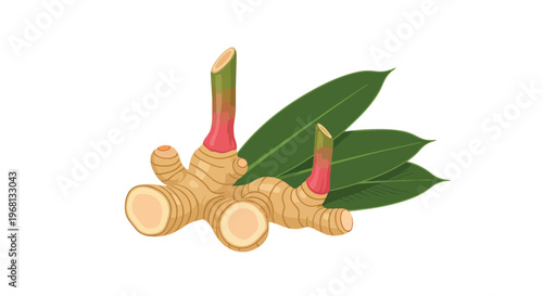 Vibrantly illustrated galangal rhizome with fresh green leaves on a pristine white background showcasing its unique shape and traditional botanical